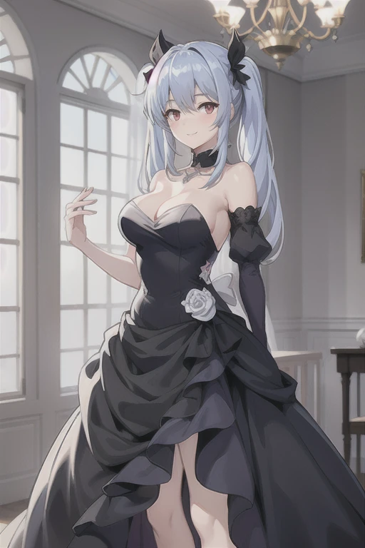 prinz eugen \(warship girls r\),1lady solo, standing, (evening dress) stylish, long hem, (mature female:0.8), bangs, kind smile, (masterpiece best quality:1.2) delicate illustration ultra-detailed, large breasts BREAK (luxury venue) indoors, chandelier, detailed background,blue long hair(delicate eyes),(red eyes),beautiful hair, Short twin tails, No shoulder strap , Strapless dress , hair tying, double tails, two hand ,