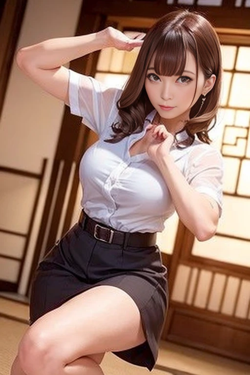 masterpiece , Highest quality , (Mature Woman) , Japanese , (Fighting Pose) , from the front , blouse , skirt