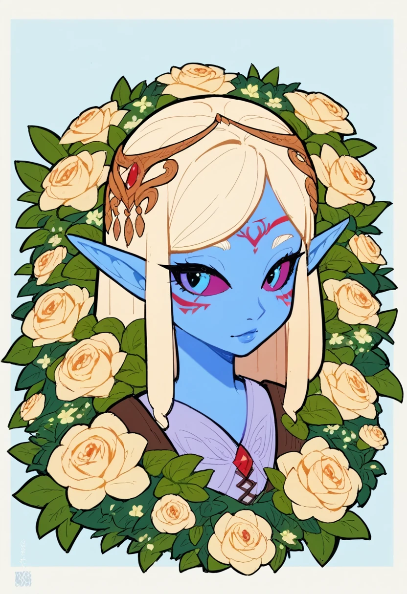 score_9,score_8_up,score_7_up,score_6_up,nghtelf,pointy ears,colored sclera,blue skin,facial mark,flowers,druid,magical,elegant,majestic,mystical,fantasy,epic illustration,wallpaper,medieval clothes,portrait,beautiful flowing whiteblond hair,