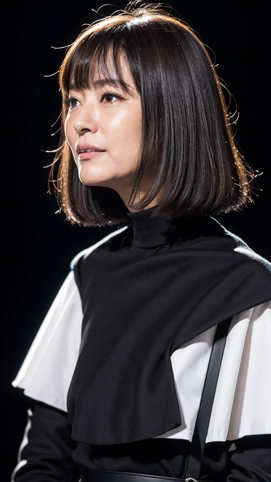 (((Highest quality)), ((8k)), ((masterpiece: 1.3)), (Photorealism: 1.6), (JMA), (Portrait of a Japanese mature woman), (Pitch black background: 1.2), (Woman standing diagonally facing forward: 1.4), (65-year-old woman), (Perfect looks), ((Realistic skin texture)), (Fine wrinkles all over the skin), (Dullness), (Facial wrinkles), (Wrinkles around the eyes), double eyelid, Tear bags under the eyelids, (Grimacing and laughing), Short bangs, Long Hair, (Solid Layered Cape Sleeve Blouse, Crew neck blouse), (Close-up of face),