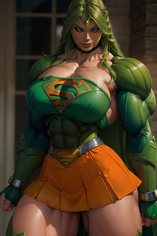 (((Close-up))), tall, (green hair) beautiful muscular woman, long green hair, light brown skinned, closed smile, large breast, (black lipstick), (massive muscles), (hyper muscle), ((ginormous bulky muscles)), orange eyes, (((green supergirl suit))), (green supergirl skirt), gauntlets, choker, boots, (in fortress of solitude)