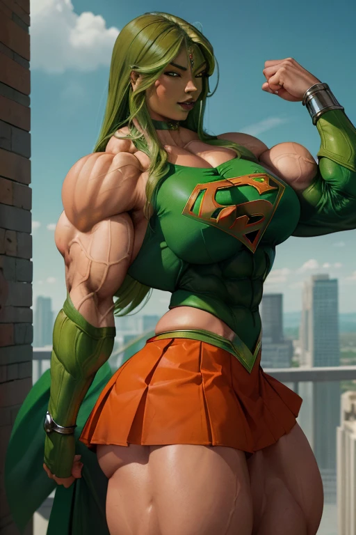 (((Close-up))), tall, (green hair) beautiful muscular woman, long green hair, light brown skinned, closed smile, large breast, (black lipstick), (massive muscles), (hyper muscle), ((ginormous bulky muscles)), orange eyes, (((green supergirl suit))), (green supergirl skirt), gauntlets, choker, boots, (in fortress of solitude)