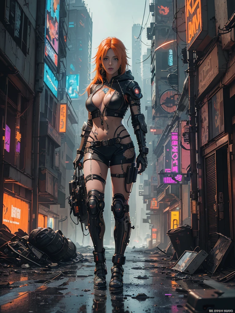 Unbeatable masterpiece, Ultra photo realsisim, Perfect Artwork, Intricate details, Best Quality, strong lights,High contrast,((Post apocalyptic futuristic Cyberpunk , outline):1.35) , ((masterpiece)),((Extremely detailed)) , ((extremely detailed and beautiful face)) , Smoky makeup, Perfectcomposition , intricate detailes , neon light , neon trim, (full body Esbian:1.25) , (Official art) , Very delicately beautiful cyberpunk girl, long orange colored hair blowing in the wind, vibrant blue eyes, long detailed eyelashes, huge enormously gigantic , cleavage showing, wearing highly detailed futuristic hooded battle armor, tons of tattoos and piercings(1girl:1.3) , Solo , (glass screen:1.2) , (Clear glass) , Tindall Effect , Colorful refraction , visual impact , (High light contrast) , Colorful , Melt , (Cyberpunk:1.2) ,(flinch :1.4) ,
