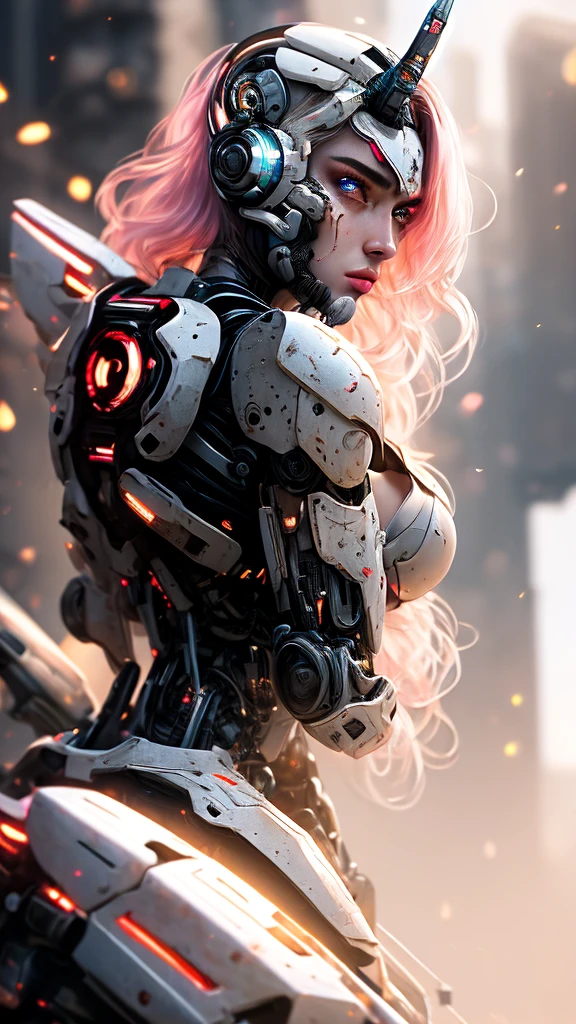 Medium shot of sexy female cyborg wearing scratched and discolored futuristic armor in a destroyed futuristic city, fancy, fancy과학, Beautiful female face, fascinating, result, Fog, Bright, alluring eyes, A masterpiece of the highest quality, realistic, detailed, 8k, HDR, shallow depth of field, wide light, high contrast, backlight, flower, light twinkles, chromatic aberration, sharp focus, RAW color photos