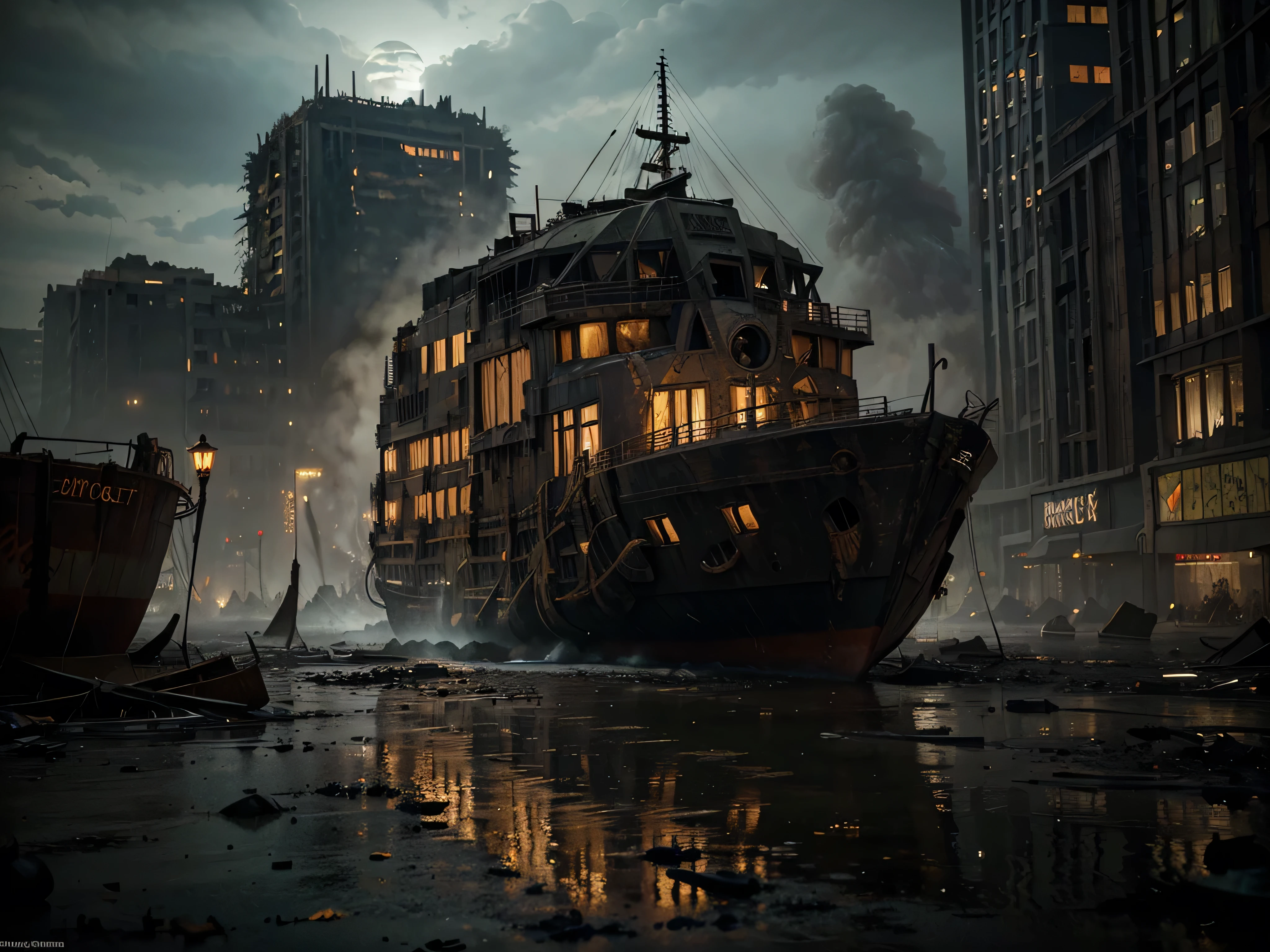 A looming, twisted hulk of metal emerges from the ashes, its jagged edges and rusted iron reflecting a world fallen to ruin. This post-apocalyptic horror dimensional dinghy, a vessel of nightmares, is depicted in a digital painting. The haunting scene is brought to life with meticulous detail, showcasing the eerie glow of unearthly symbols etched into the hull and the ominous shadows cast by crumbling skyscrapers in the background. The artist's skillful rendering captures every decaying facet in chilling realism, immersing the viewer in a world consumed by chaos and despair.