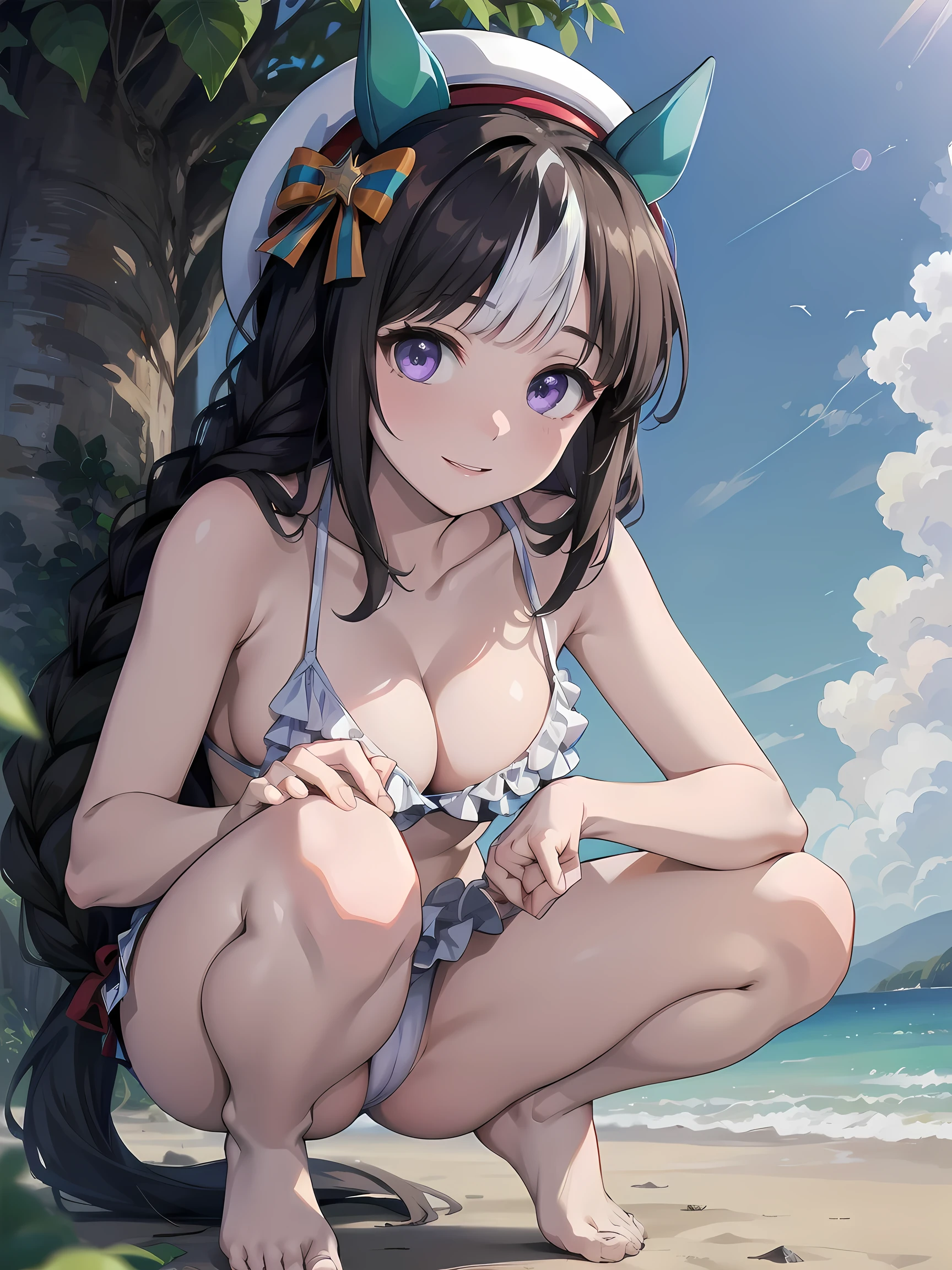 (NSFW:1.1)(realistic, photo realistic:1.2), ((highest quality)), move the center of gravity backwards, pretty embarrassing, hokko tarumae \(umamusume\), Purple eyes, barefoot, White bikini, (Red frill:1.2), horse taill, (squat:1.4), put the heel on the ground, spread legs, squat with your knees up, Attach your ass to the ground, beautiful face details, real human skin, gentle expression, realistic, photorealistic, cute, squat deep on beach, whole body, Smile, natural smile, charming smile, enchanting smile, (looking at the viewer:1.2), From before, from below, (wind:1.1), tomachop