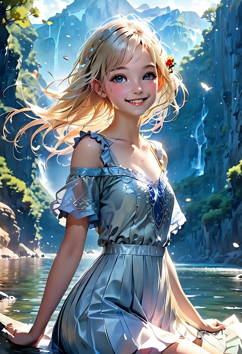 Highest quality, Highest quality, 16K, Unbelievably absurd, Very detailed, 2.5D, delicate and dynamic,pale,Cool colors,A Kind World,River side,Fantasy,One Girl,18-year-old,sexy,smile,Cute