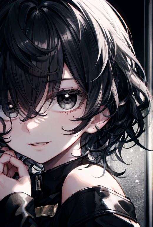 highest quality、best quality、8k、ultra high resolution、highest quality、super detailed、perfect face、very detailed、very delicate、1 boy, ((独奏))、(scared),  Gorgios、 dark,soft hair、shoulder-length hair、medium hair((Black hair on the left and white hair on the right))、((Black eyes)),Black long-sleeved shirt,Black shorts、belt、 full of confidence, smile, close your mouth、expressive eyes, collofull eyes, contrast, shadowy,digital art, shining eyes, Intimidating, damaged, devilish,detailed face、Detailed eyes、Detailed background、 dark background, Based on white and black、black liquid