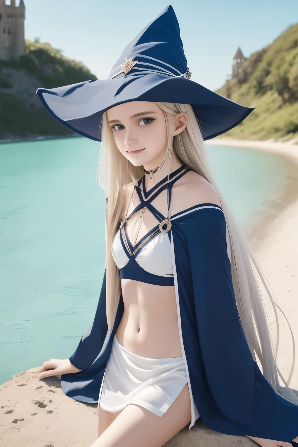 dark magician girl, masterpiece, best quality, (1girl), solo, (water), long hair, blonde hair, blue headwear, wizard hat, spell casting, castle, castle:2, motion blur, book, magic, (moonlight:1.2), chromatic aberration, depth of field, soft lighting, highly detailed face, highly detailed eyes,