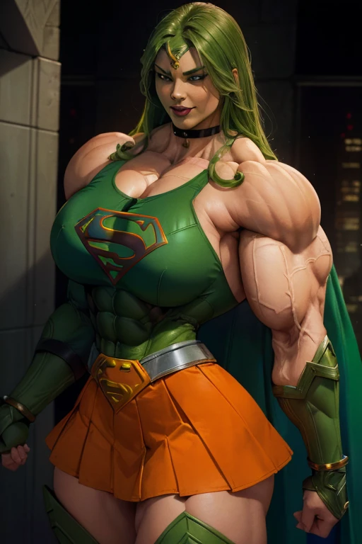 (((Close-up))), tall, (green hair) beautiful muscular woman, long green hair, light brown skinned, closed smile, large breast, (black lipstick), (massive muscles), (hyper muscle), ((ginormous bulky muscles)), orange eyes, (((green supergirl suit))), (green supergirl skirt), gauntlets, choker, boots, (in fortress of solitude)