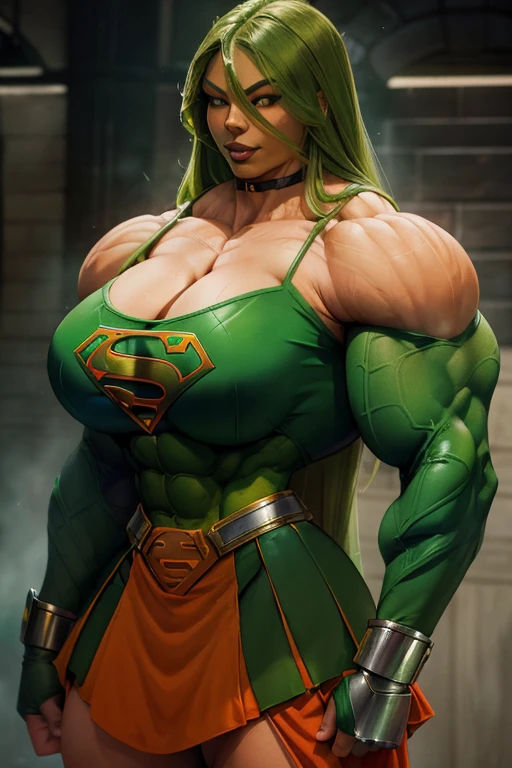 (((Close-up))), tall, (green hair) beautiful muscular woman, long green hair, light brown skinned, closed smile, large breast, (black lipstick), (massive muscles), (hyper muscle), ((ginormous bulky muscles)), orange eyes, (((green supergirl suit))), (green supergirl skirt), gauntlets, choker, boots, (in fortress of solitude)