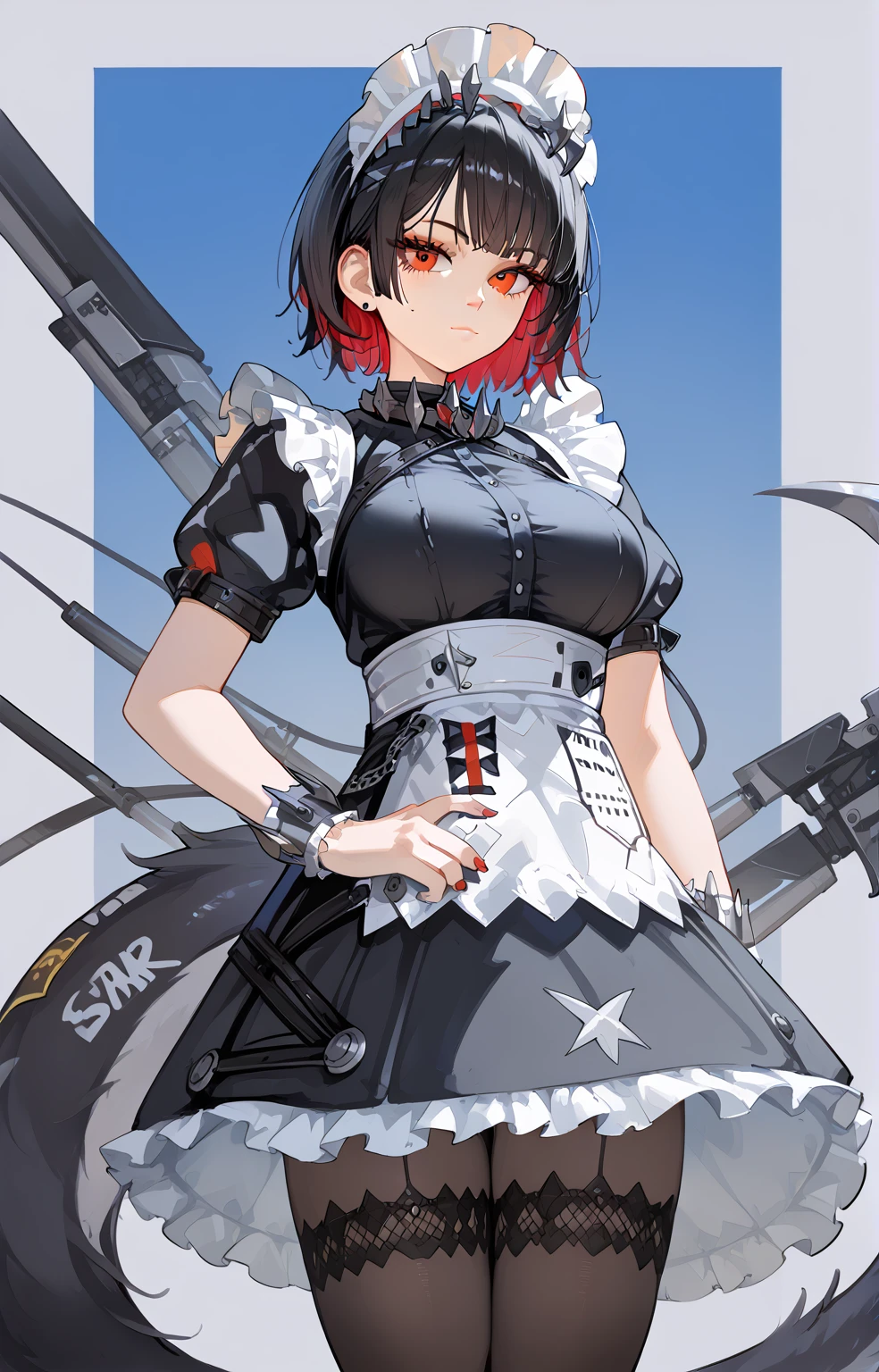 (score_9, score_8_superior, score_7_superior, score_6_superior, score_5_superior, score_4_superior), masterpiece, Highest quality, expensive_solve, 8k, Ultra-high resolution, One girl, detailed, extremely detailed, Best Anatomy, (Large Breasts), indoor, short hair, Black Hair, bangs, Red eyes, Maid clothes, stockings, black stockings, tail, 