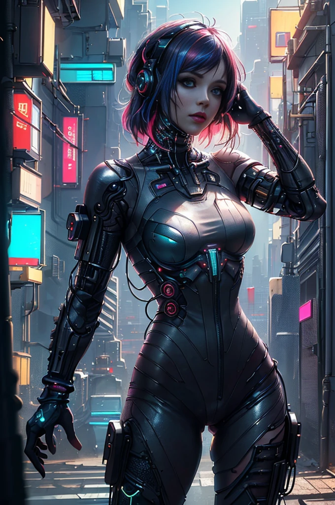 (Photorealistic:1.4) image of a cyber punk girl, (top-quality, 8K, 32K, masterpiece), (dynamic pose), ((facing camera)), (looking at camera), cowboy shot, shapeless hair, colorful hair, colorful cyberpunk clothing, depth of field f/1.8, cyberpunk city background, cinematic lighting.