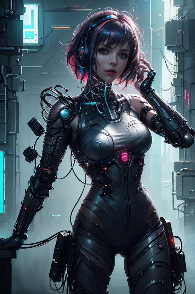 (Photorealistic:1.4) image of a cyber punk girl, (top-quality, 8K, 32K, masterpiece), (dynamic pose), ((facing camera)), (looking at camera), cowboy shot, shapeless hair, colorful hair, colorful cyberpunk clothing, depth of field f/1.8, cyberpunk city background, cinematic lighting.