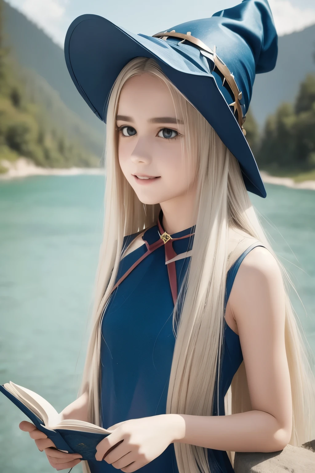 dark magician girl, masterpiece, best quality, (1girl), solo, (water), long hair, blonde hair, blue headwear, wizard hat, spell casting, castle, castle:2, motion blur, book, magic, (moonlight:1.2), chromatic aberration, depth of field, soft lighting, highly detailed face, highly detailed eyes,