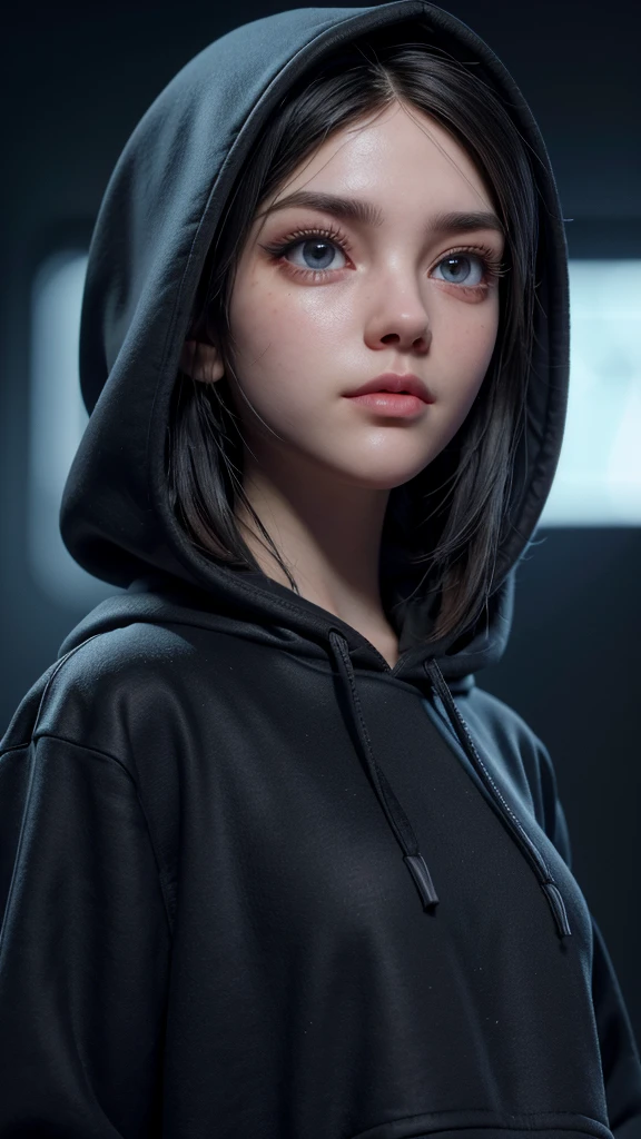3D girl in a black hoodie with the hood up, with a hacker look gazing forward, dynamic lighting, blurred background,semi realista, extremely detailed face, beautiful detailed eyes, beautiful detailed lips, long eyelashes, highly detailed, 8k, professional, photo-realistic, intricate, cinematic lighting, dramatic shadows, vibrant colors, cinematic composition