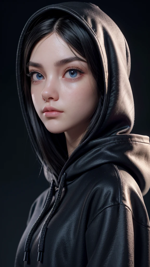 3D girl in a black hoodie with the hood up, with a hacker look gazing forward, dynamic lighting, blurred background,semi realista, extremely detailed face, beautiful detailed eyes, beautiful detailed lips, long eyelashes, highly detailed, 8k, professional, photo-realistic, intricate, cinematic lighting, dramatic shadows, vibrant colors, cinematic composition