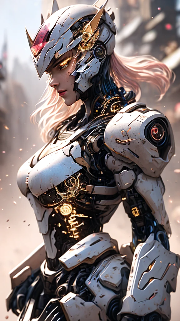 Medium shot of sexy female cyborg wearing scratched and discolored futuristic armor in a destroyed futuristic city, fancy, fancy과학, Beautiful female face, fascinating, result, Fog, Bright, alluring eyes, A masterpiece of the highest quality, realistic, detailed, 8k, HDR, shallow depth of field, wide light, high contrast, backlight, flower, light twinkles, chromatic aberration, sharp focus, RAW color photos