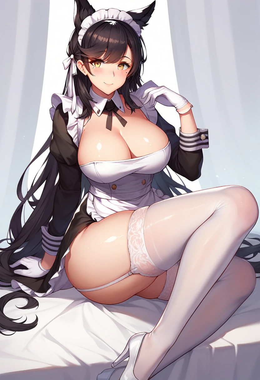 atago (azur lane), 1girl, solo, long hair, breasts, looking at viewer, blush, smile, bangs, large breasts, black hair, thighhighs, gloves, long sleeves, white background, dress, ribbon, animal ears, cleavage, sitting, closed mouth, hair ribbon, yellow eyes, sidelocks, thighs, alternate costume, white gloves, mole, apron, high heels, white thighhighs, shiny skin, maid, maid headdress, mole under eye, swept bangs, garter straps, white footwear, extra ears, enmaided