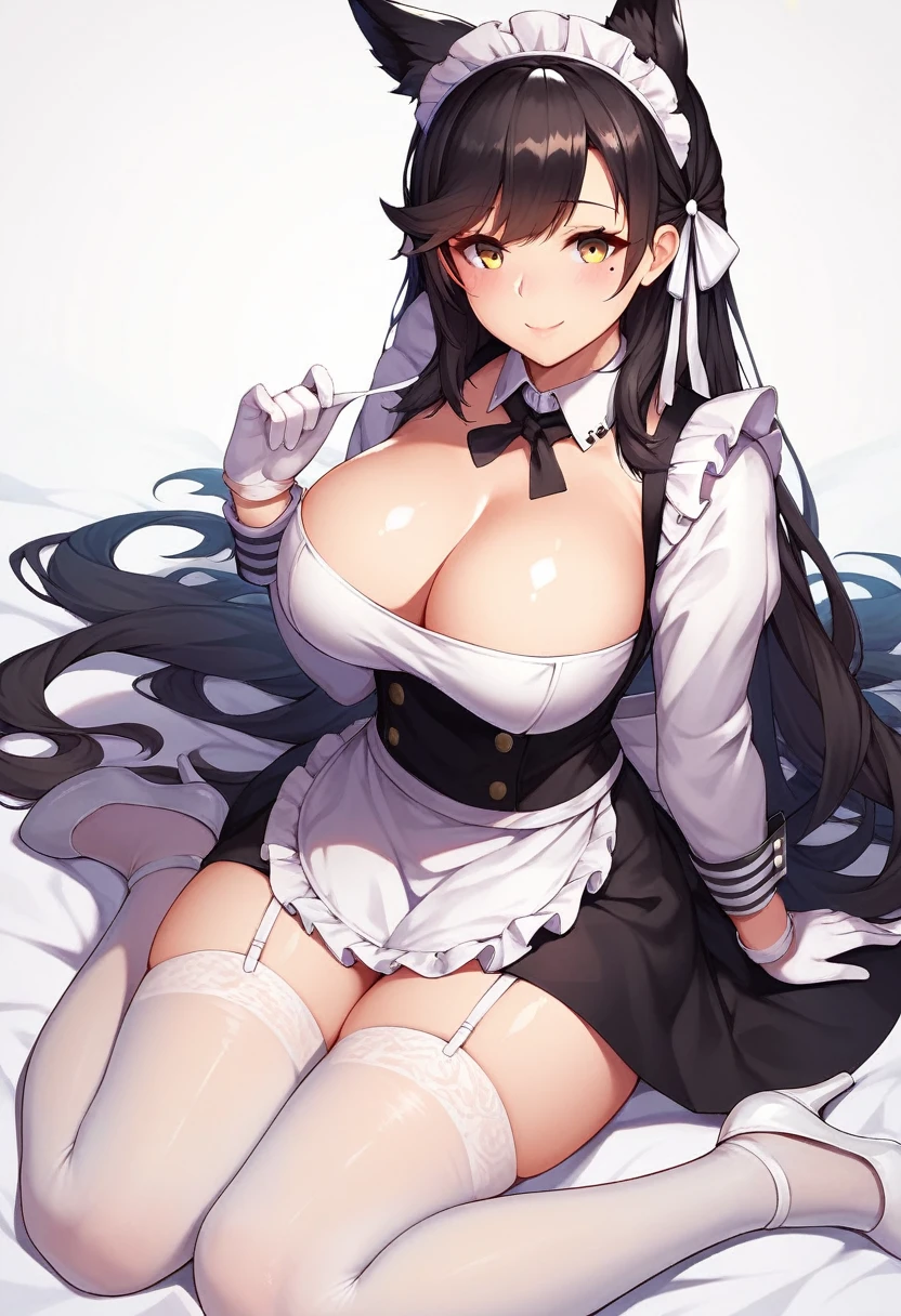 atago (azur lane), 1girl, solo, long hair, breasts, looking at viewer, blush, smile, bangs, large breasts, black hair, thighhighs, gloves, long sleeves, white background, dress, ribbon, animal ears, cleavage, sitting, closed mouth, hair ribbon, yellow eyes, sidelocks, thighs, alternate costume, white gloves, mole, apron, high heels, white thighhighs, shiny skin, maid, maid headdress, mole under eye, swept bangs, garter straps, white footwear, extra ears, enmaided