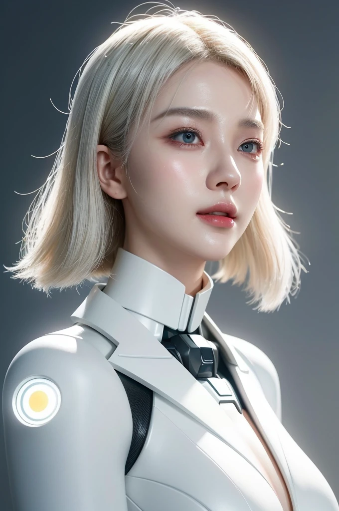 《The role of artificial intelligence》。（（（Virtual character design：Psychological counselor。miss，20 years old，white short hair，Exquisite facial features，beautiful make up，Skin details，Smile）））。（（white suit））。((Super realistic details))。 illumination, light and shadow, octane rendering, 8k, super sharp,complicated, Accessory details,atmosphere