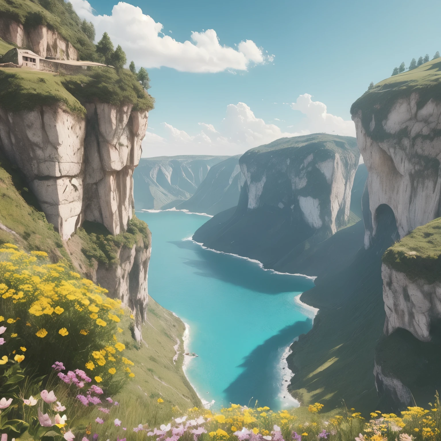 a cliff many flowers, colorful flowers, beautiful sky, matte painting 8k, matte paint 8K, vertical wallpaper 8K, vertical wallpaper 8K, vertical wallpaper 4K, vertical wallpaper 4K, lost series, realistic fantasy rendering, digital painting with 8K resolution, digital painting with 8K resolution, Jessica Rossier fantasy art, 4K rendered matte painting, matte paint rendered in 3D
