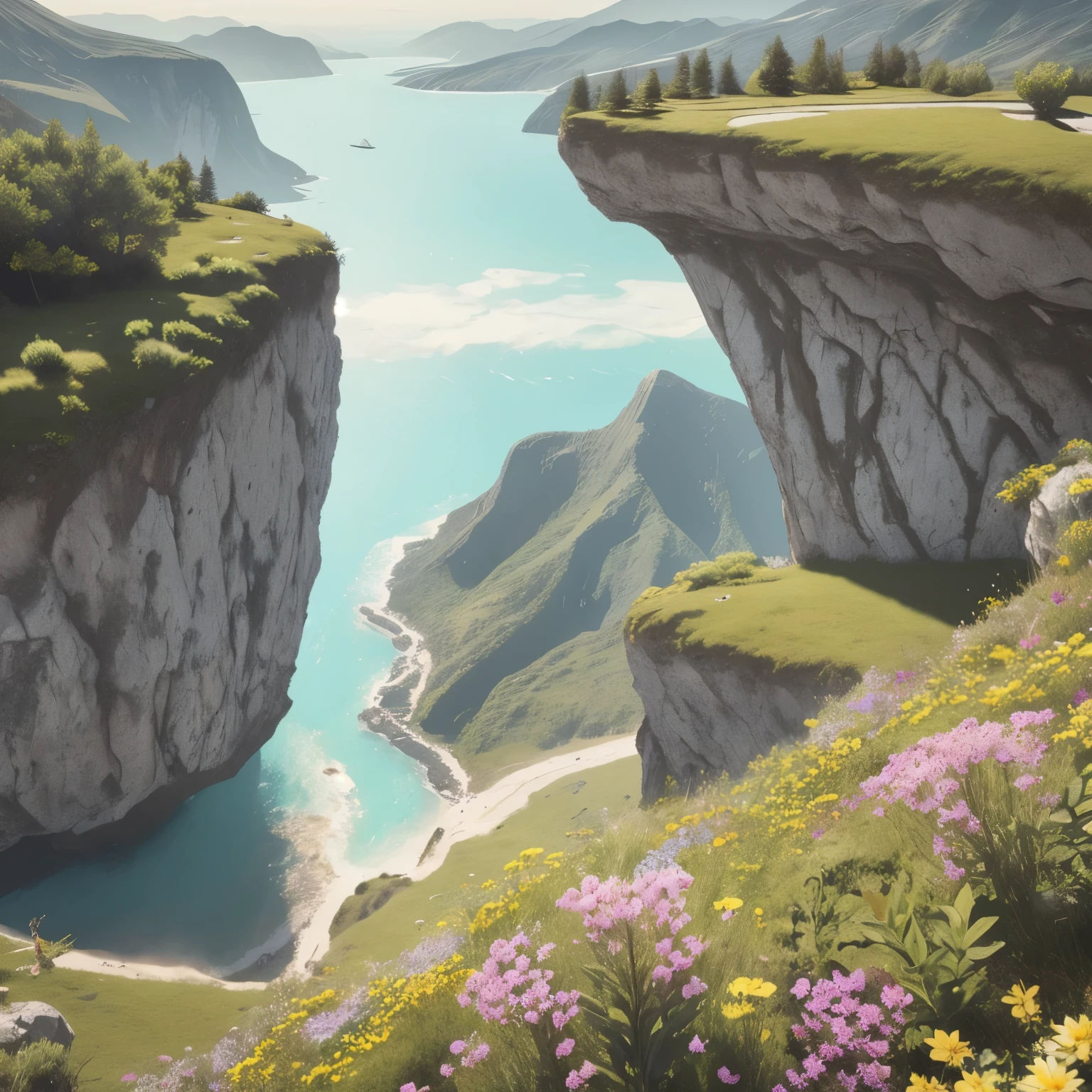 a cliff many flowers, colorful flowers, beautiful sky, matte painting 8k, matte paint 8K, vertical wallpaper 8K, vertical wallpaper 8K, vertical wallpaper 4K, vertical wallpaper 4K, lost series, realistic fantasy rendering, digital painting with 8K resolution, digital painting with 8K resolution, Jessica Rossier fantasy art, 4K rendered matte painting, matte paint rendered in 3D