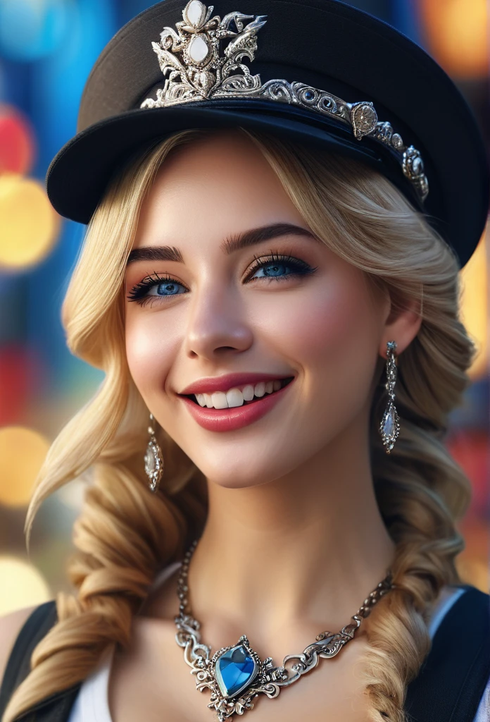Masterpiece, best quality, high quality, very detailed CG uniform 8k wallpaper, 1girl, solo, blonde hair, tattoo, long hair, jewelry, smile, necklace, looking at the audience, hat, realistic, open mouth, teeth, upper body, vest, nose, bare shoulders, artist name, black tiara, collarbone, arm tattoo, blue eyes, lips, blur, oil painting, award winning photography, bokeh, depth of field, HDR, bloom, chromatic aberration, realism, very detailed, artstation Intricate, High Detail, dramatic, art by midjourney