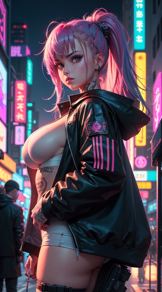 highest quality picture, master part, (circunstanciado: 1.4), perfect drawing, アニメ, cyberpunkstyle, breasts big, cyberpunk jacket, Tattoo on the side of the head, background scenery, tokyolagii, neon light