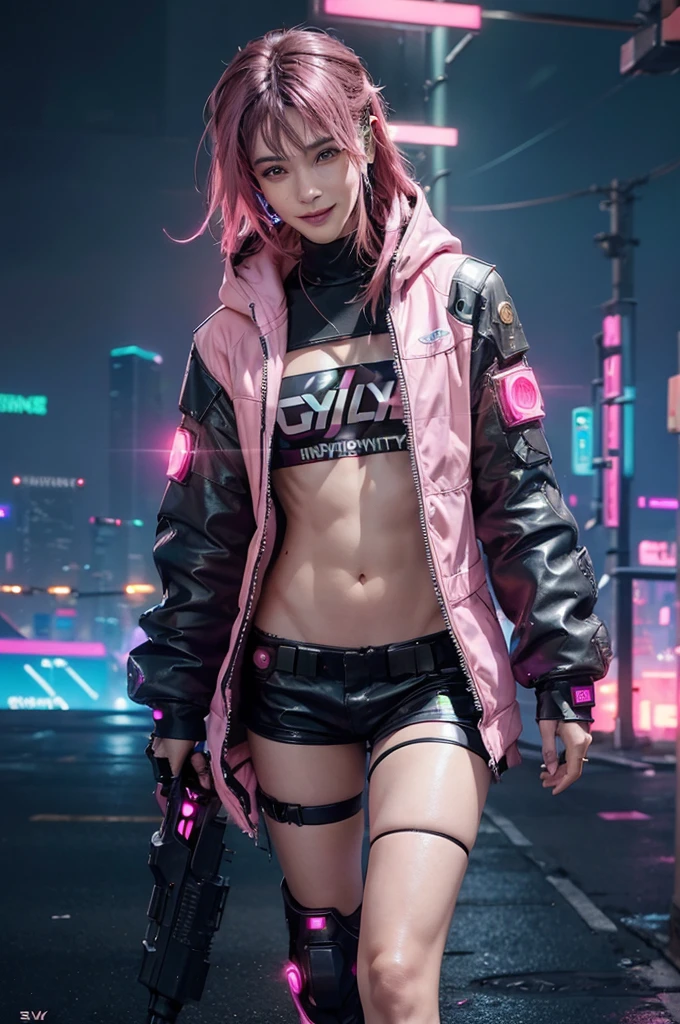 (nsfw:1.1)、1male people、(A handsome man:1.4)、(A confident smile:1.2)、(27 age old)、(brunette color hair)、(Top image quality)、(8K picture quality)、(cyber punk perssonage)、(masutepiece)、(Wear a military uniform with a shiny cyberpunk hood)、(A confident smile:1.2)、(Full body photo)、cinematric light, Cinema Shadow, Sharp images, Extremely detailed, volumetr, bright sprite, Particle effect, beautiful effects, Vivid colors, neonlight, (pink neon lights:1.5), Highly detailed image textures, detailed hairs, Detailed face, Detailed eyes, Full body photo, City、Dark hair、Flashing red light、Photo from the knee up、beautiful effects, Vivid colors, Highly detailed image textures, detailed hairs, Detailed eyes,(cyberpunk city landscape:1.5)、