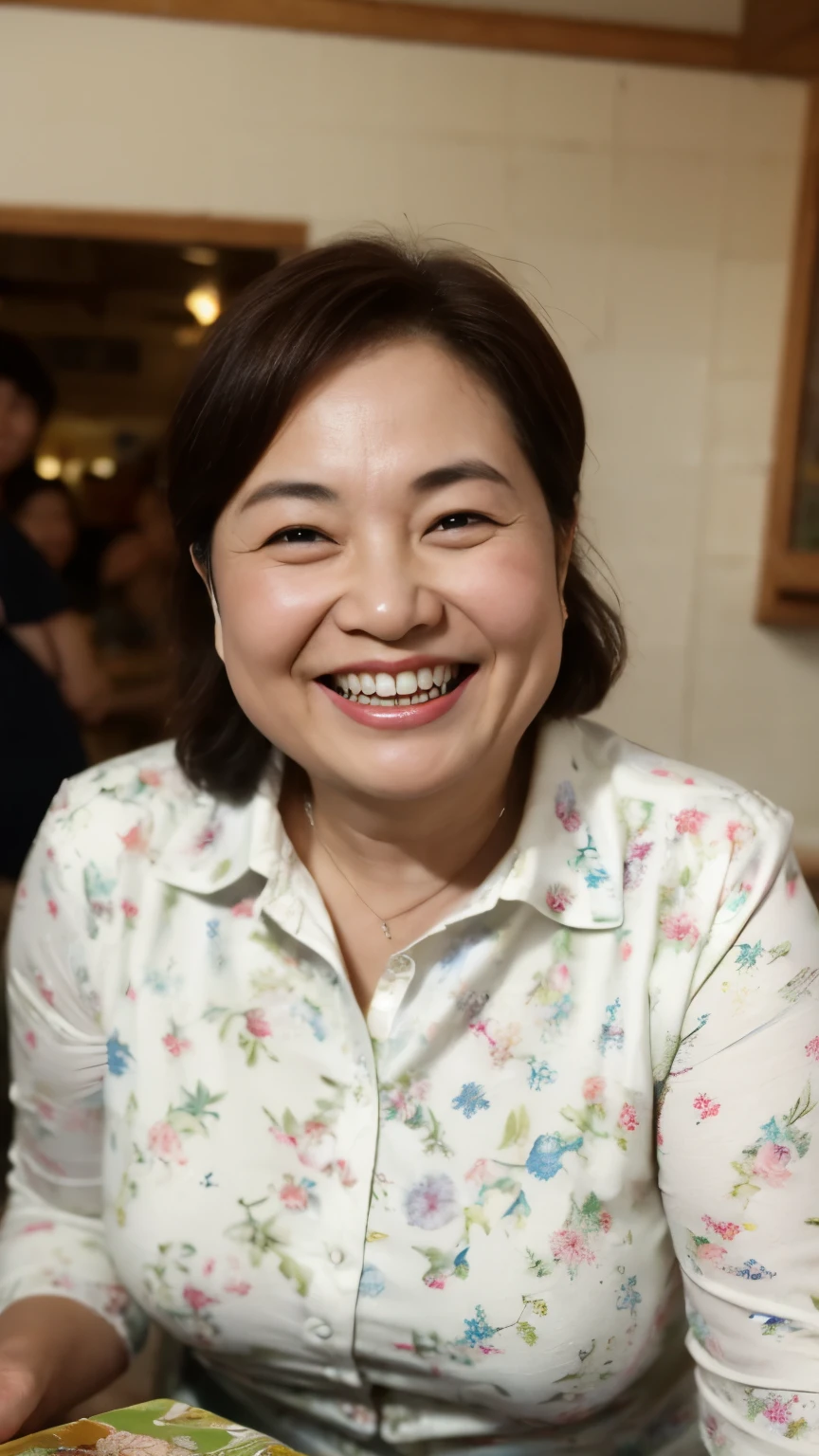 8k wallpaper, masterpiece, Highest quality, Very detailed, One Mature Woman, 50 years old, Become very clear, Wearing a spring-like shirt, Skin dents, Captivating smile, Looking at the audience, , Plump, Curvaceous, Attractive face, Smiling with teeth showing, I was happy, sitting in a cafe, Background Blur