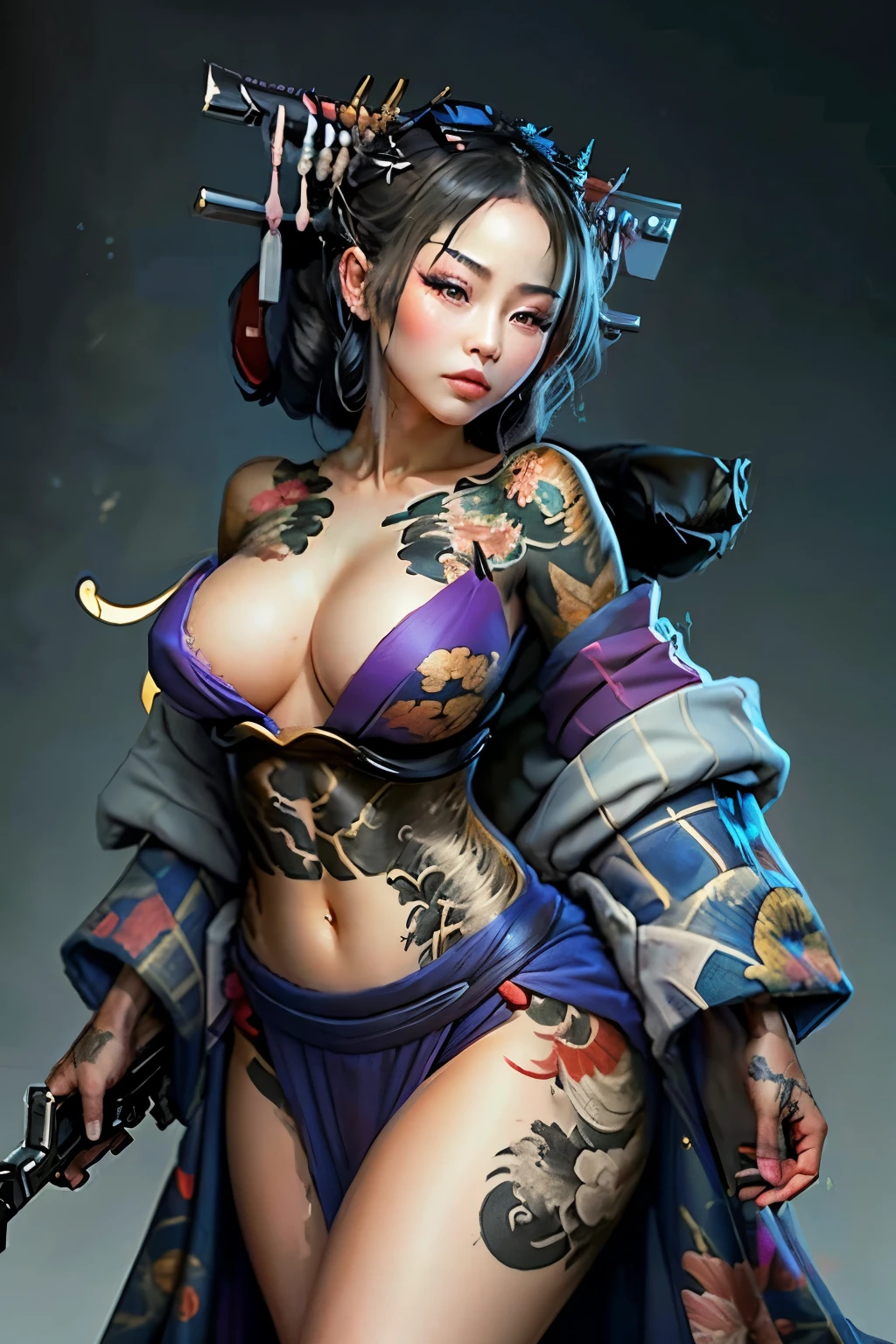 Anime woman in a kimono with a gun, beauty geisha, glamorous and sexy geisha , big cleavage , organic seductive geisha , medium breasts , full-body_tattoo geisha, japanese geisha, female geisha girl, portrait of geisha, japanese goddess, geisha , tattoos
