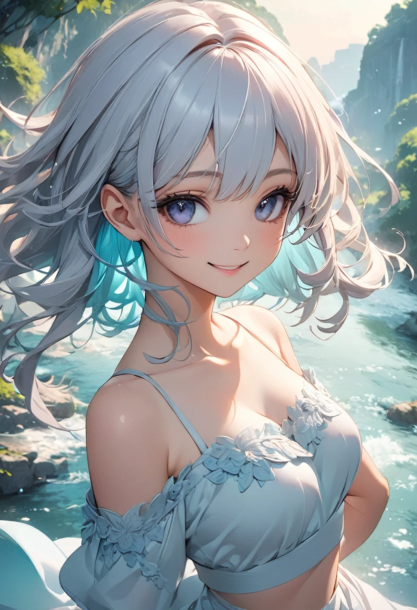 Highest quality, Highest quality, 16K, Unbelievably absurd, Very detailed, 2.5D, delicate and dynamic,pale,Cool colors,A Kind World,River side,Fantasy,One Girl,18-year-old,sexy,smile,Cute,Upper Body