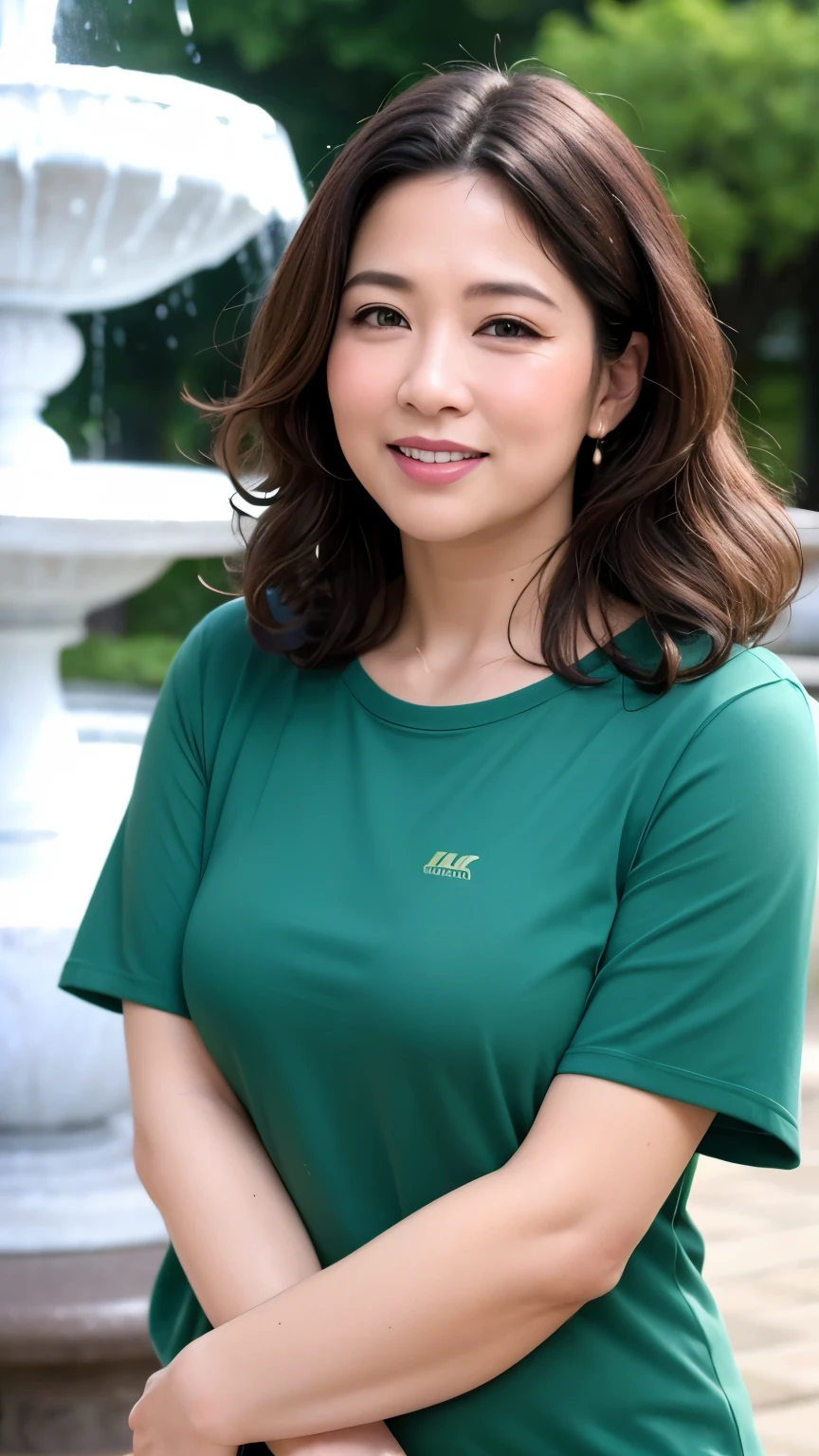 最high quality, In 8K, whole body, Real, Upper Body, high quality, High resolution, Detailed face, Detailed eyes, Thick lips, (Look at the viewers), alone, Middle-aged women, , 60 years old, , Wavy Hair, , Wearing short sleeves, Standing in front of a fountain, Wrinkles around the eyes, Smiling with teeth showing, Background Blur