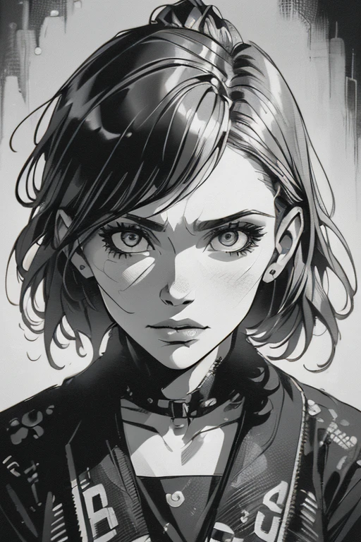 A girl in a mugshot, sketch, black and white, detailed features, vintage style, high contrast lighting, expressive eyes, tousled hair. (best quality, highres, realistic:1.37), vintage, monochrome, intense gaze, dramatic lighting, rugged background, distressed paper texture, retro vibes, id photo, front view