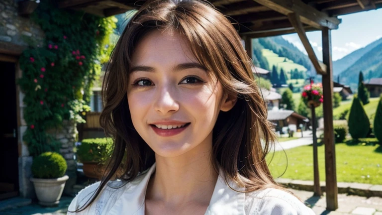 masterpiece, Best Quality, Photorealistic, Ultra-detailed, finely detailed, High resolution, 8K Wallpaper, 1 beautiful woman, light brown hair, sharp focus, Perfect dynamic composition, Beautiful detailed eyes, detailed hairs, Detailed realistic skin texture, Smiling, portrait, Model body type, Take a walk in a small village of Switzerland,