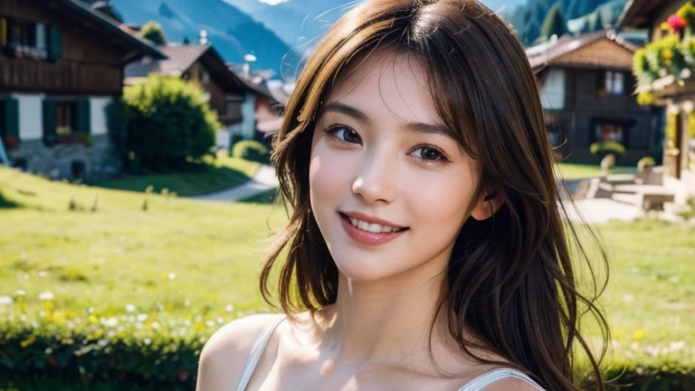 masterpiece, Best Quality, Photorealistic, Ultra-detailed, finely detailed, High resolution, 8K Wallpaper, 1 beautiful woman, light brown hair, sharp focus, Perfect dynamic composition, Beautiful detailed eyes, detailed hairs, Detailed realistic skin texture, Smiling, portrait, Model body type, Take a walk in a small village of Switzerland,