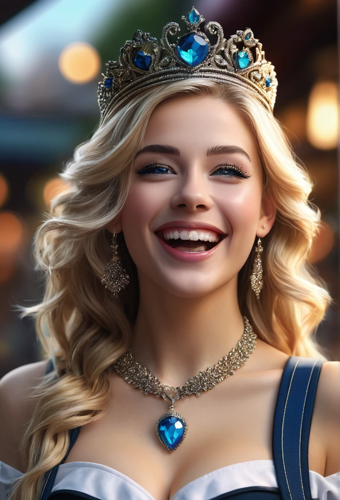 Masterpiece, best quality, high quality, very detailed CG uniform 8k wallpaper, 1girl, solo, blonde hair, tattoo, long hair, jewelry, smile, necklace, looking at the audience, hat, realistic, open mouth, teeth, upper body, vest, nose, bare shoulders, artist name, black tiara, collarbone, arm tattoo, blue eyes, lips, blur, oil painting, award winning photography, bokeh, depth of field, HDR, bloom, chromatic aberration, realism, very detailed, artstation Intricate, High Detail, dramatic, art by midjourney