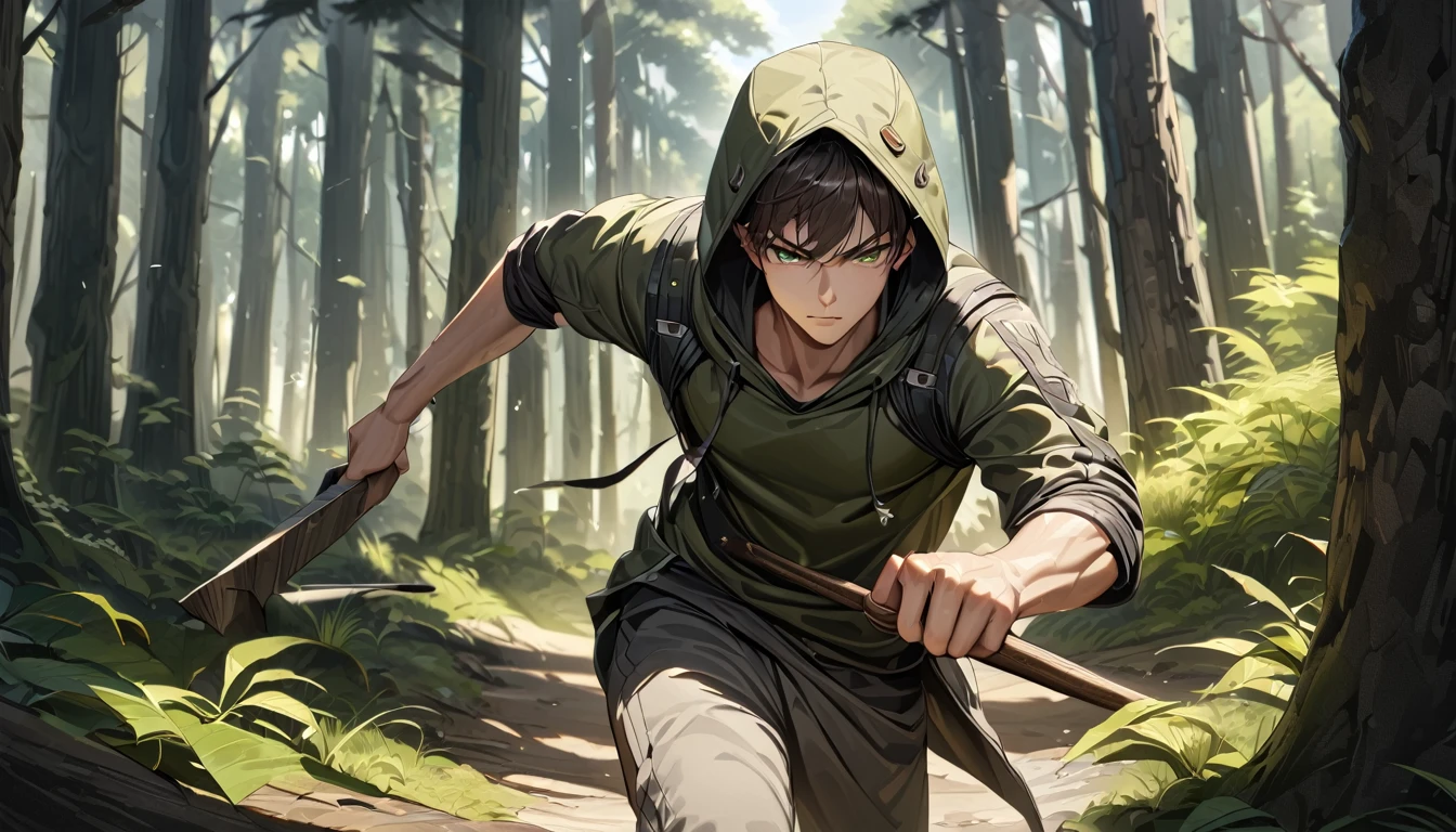 Ultra detailed, ultra hd, 8k, best quality, masterpiece, super realistic, beautiful view, forest, day, boy, teenager, hood, adventurer cloth, Long pants, green eye, skinny body, holding catapult, intense situation, serious face