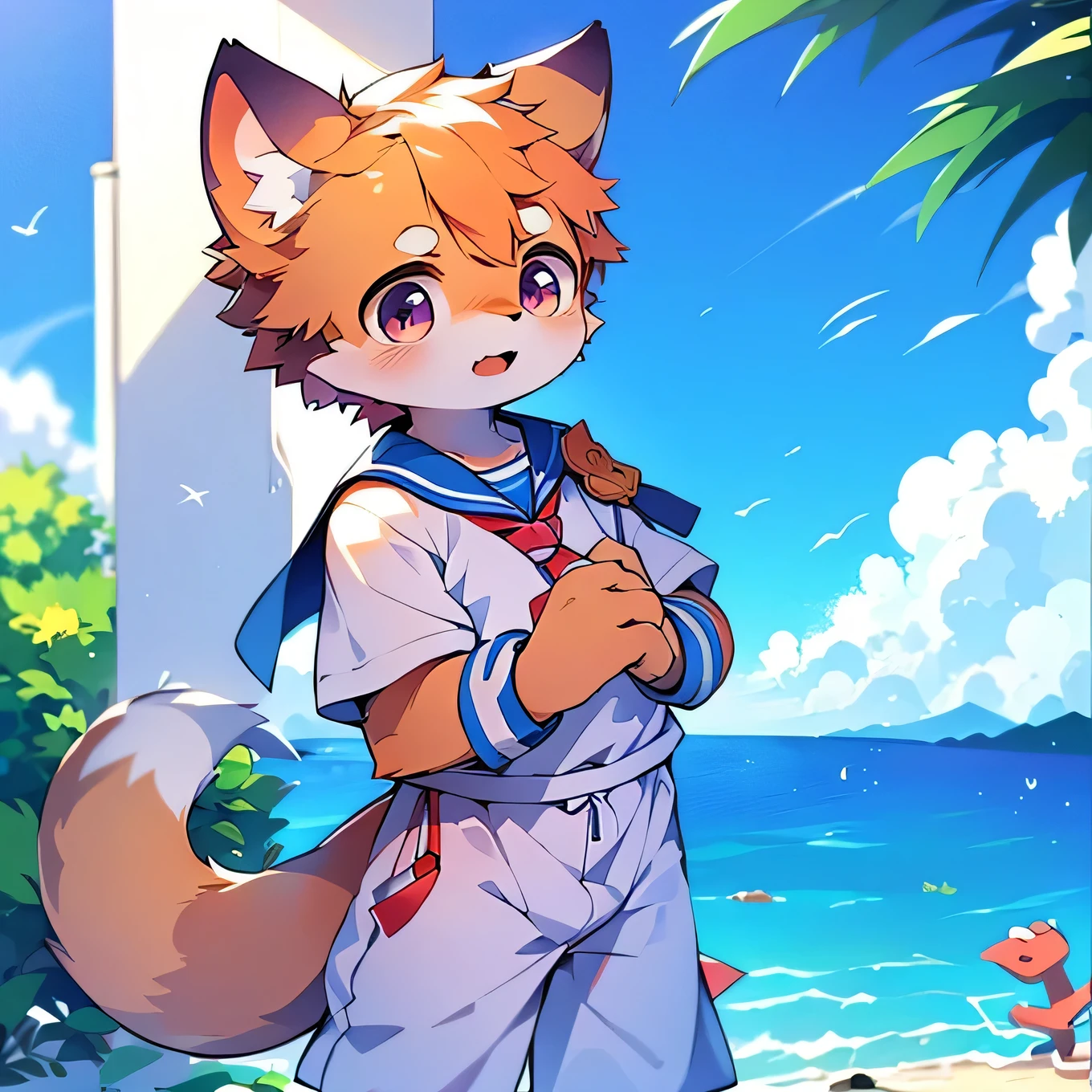 furのような,super high quality,Very detailed,High resolution,Purple Cat,male,Ocean,Sailor suit,School,(Cheerful Teenager - 13 years old:1.3),Pixiv Contest Winners, Perfect Anatomy,blue sky,Red ear,fur,thin tail,Long ears,Squid ears,Dirty Face,alone,
