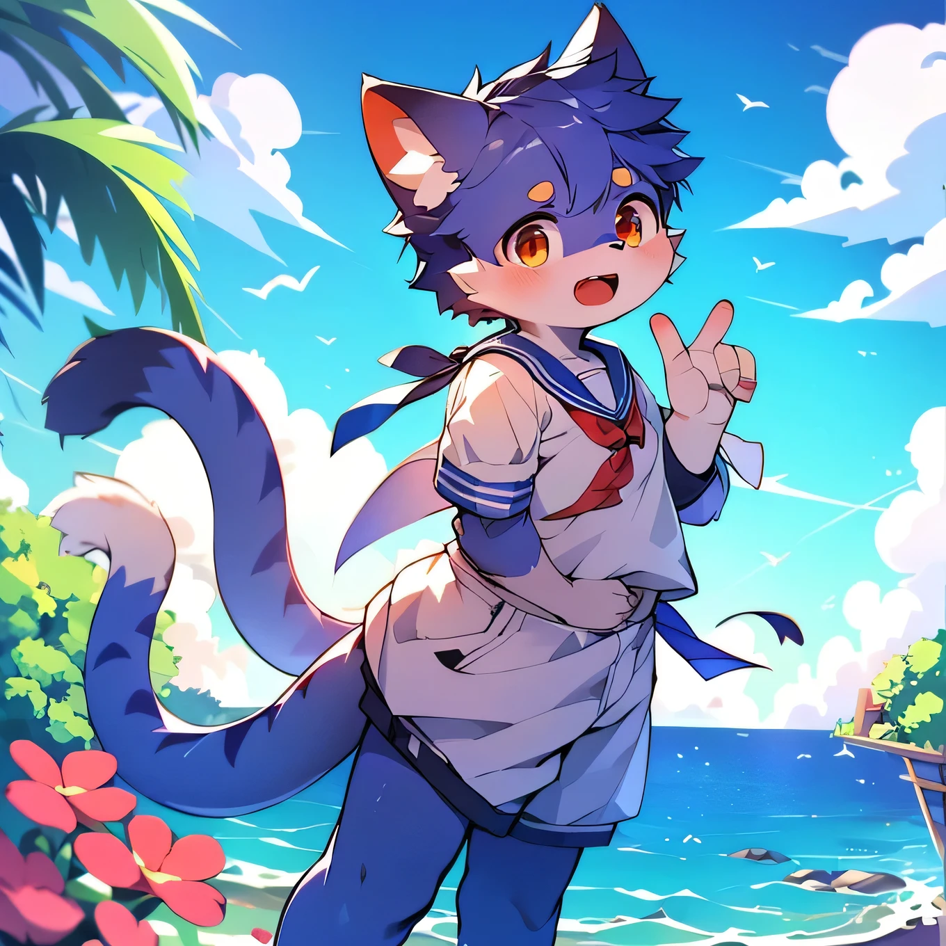 furのような,super high quality,Very detailed,High resolution,Purple Cat,male,Ocean,Sailor suit,School,(Cheerful ager - 13 y),Pixiv Contest Winners, Perfect Anatomy,blue sky,Red ear,fur,thin tail,Long ears,Squid ears,Dirty Face,alone,