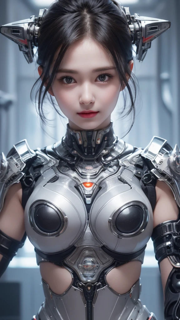 A close-up head and chest portrait of a pretty and cute woman, her chest adorned with pneumatic tubes that give her a unique and futuristic appearance. The highly detailed digital rendering captures every aspect of her beauty, from her delicate features to the intricate tubes.