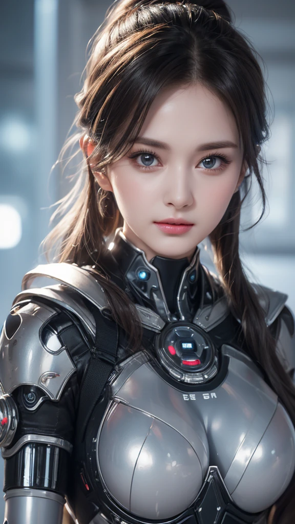 A close-up head and chest portrait of a pretty and cute woman, her chest adorned with pneumatic tubes that give her a unique and futuristic appearance. The highly detailed digital rendering captures every aspect of her beauty, from her delicate features to the intricate tubes.