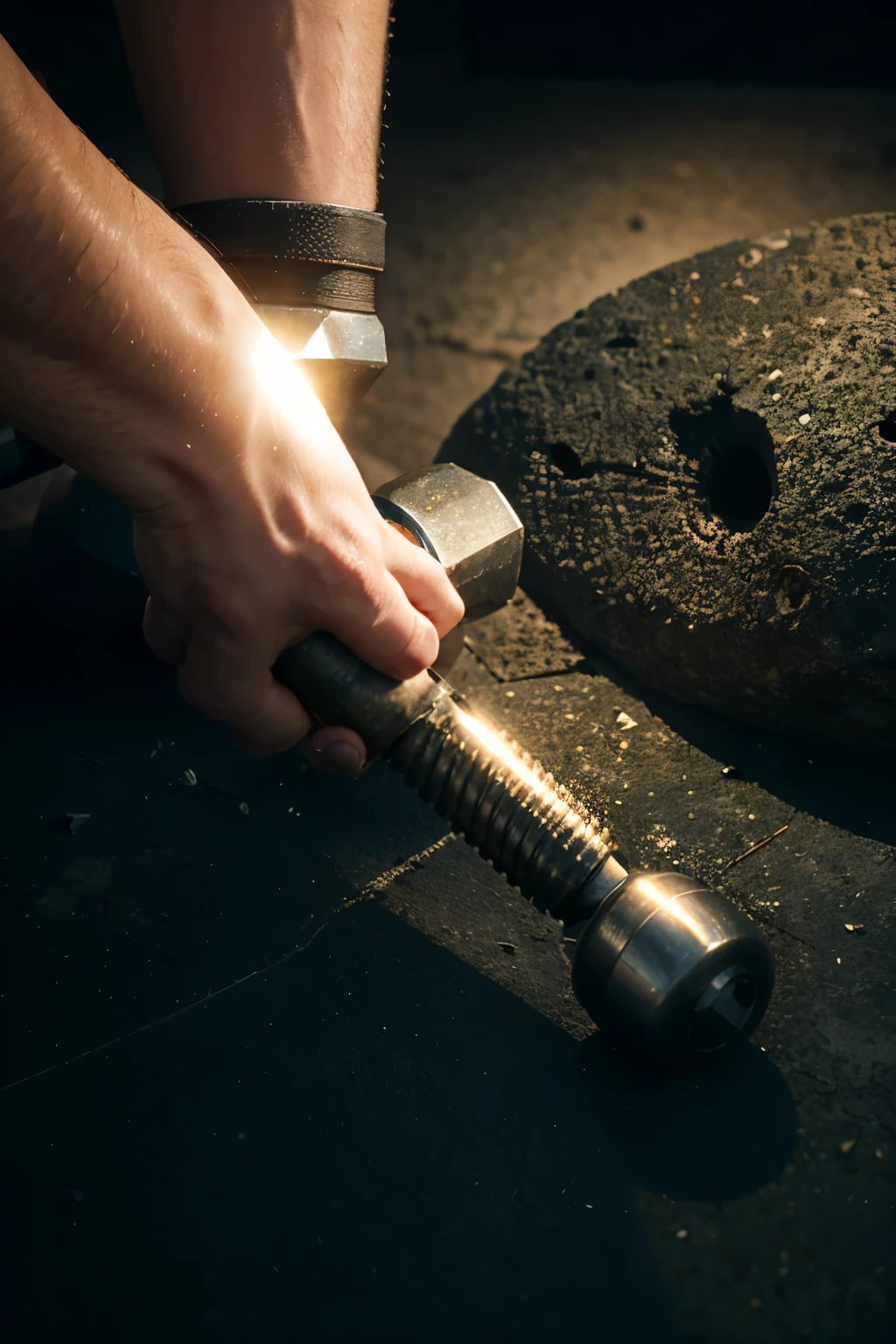 A hammer driving a screw into the handle and rays come out