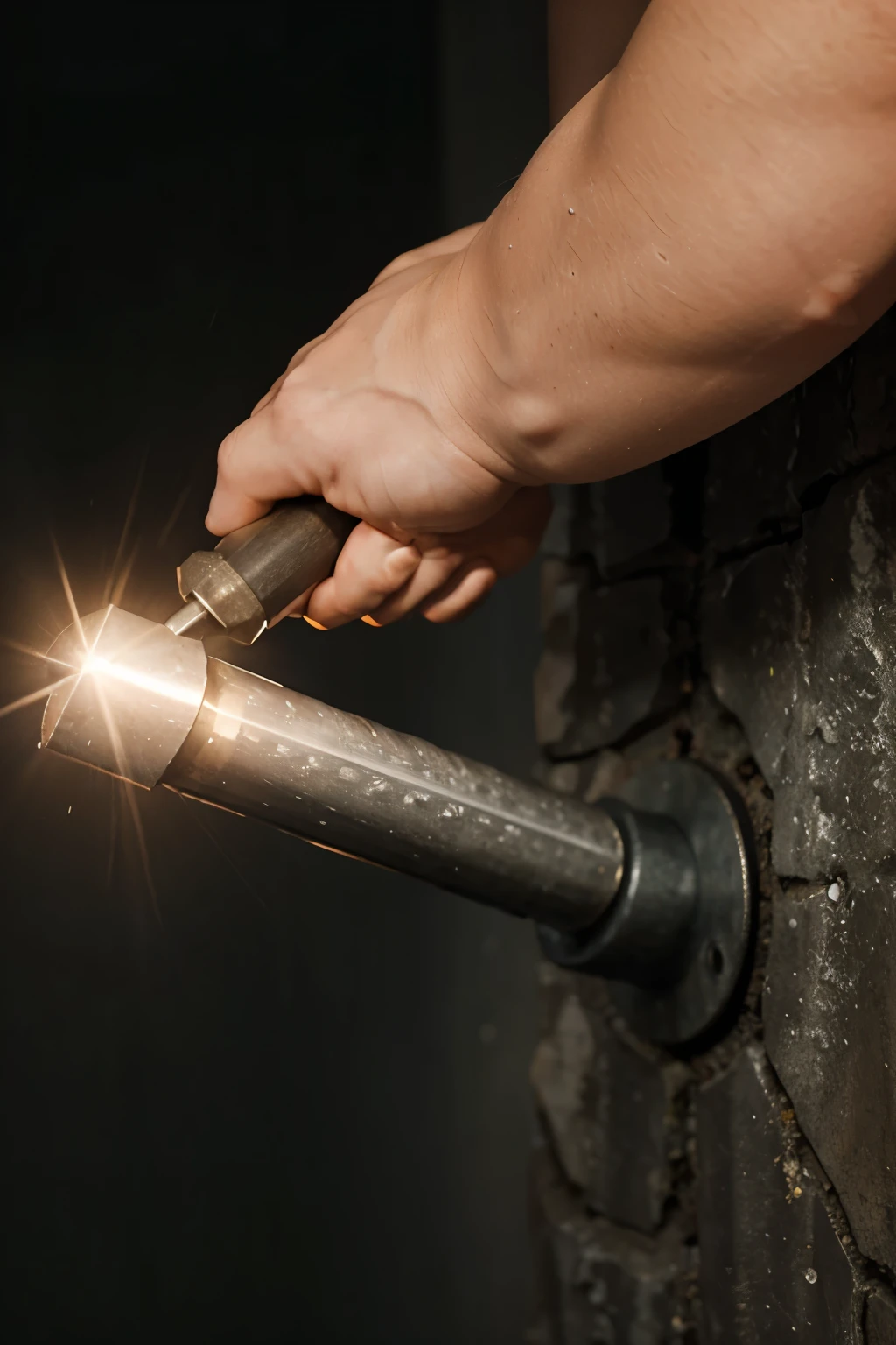 A hammer driving a screw into the handle and rays come out