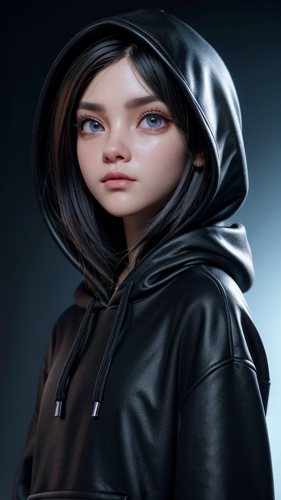 3D girl in a black hoodie with the hood up,cyberpun, with a hacker look gazing forward, dynamic lighting, blurred background,semi realista, extremely detailed face, beautiful detailed eyes, beautiful detailed lips, long eyelashes, highly detailed, 8k, professional, photo-realistic, intricate, cinematic lighting, dramatic shadows, vibrant colors, cinematic composition