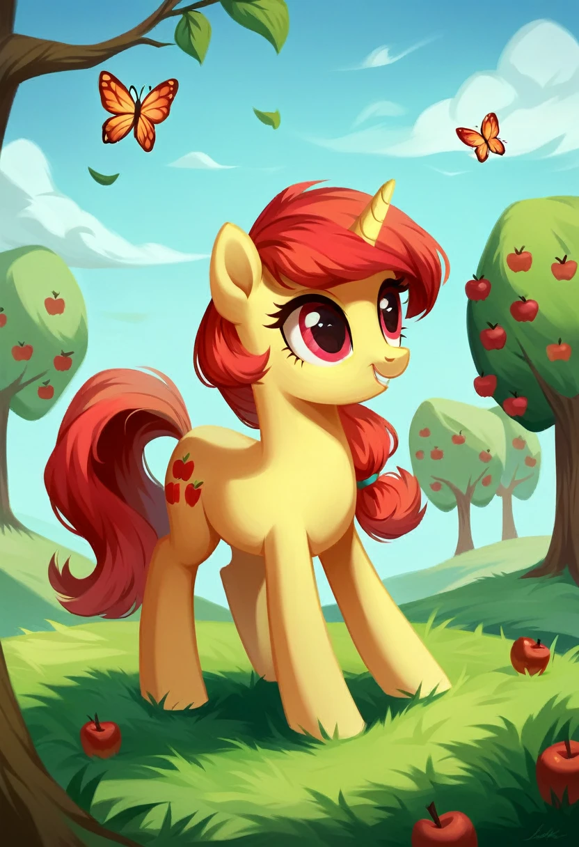 unicorn, pony, filly, apple bloom,  (score_9), solo, country side background, many apple tree, very beautiful, best quality, perfect anatomy, Impressionism, sitting on the ground, fluffy, (body fur), masterpiece, blurry, realistic, plush, lens flare, depth of field, cute