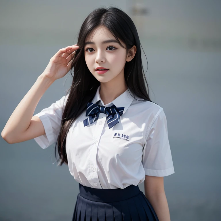 Korean school uniform、Summer shirts、Tight shirt、bow tie、skirt、School、School的楼梯、Improved posture、The point is、Thin and large、8K Original Photo、high resolution、18 years old Korean、Looks awkward、Extra large round,Beautiful details、Long eyelashes、Nice double eyelids、Eyeshadow、Eyeliner、Eyes become longer、Elongate the shape of the eyes、Three White'Beautiful eyes, Thin legs, And beautiful long legs.、Random Shorthair Cat、Tie your hair up、Ear nipple rings、Light brown hair、(Wear pantyhose)、Hold your knees,wear glasses