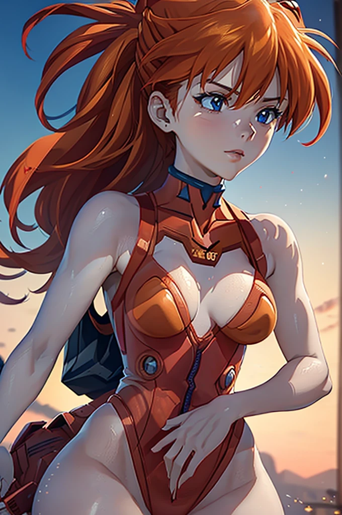 a beautiful girl with red hair wearing a red plugsuit, Asuka Langley Soryu, standing confidently as a model, detailed facial features, piercing blue eyes, flawless skin, elegant pose, white clean background, cinematic lighting, highly detailed, photorealistic, award winning digital art, vibrant colors, 8k, hyper realistic