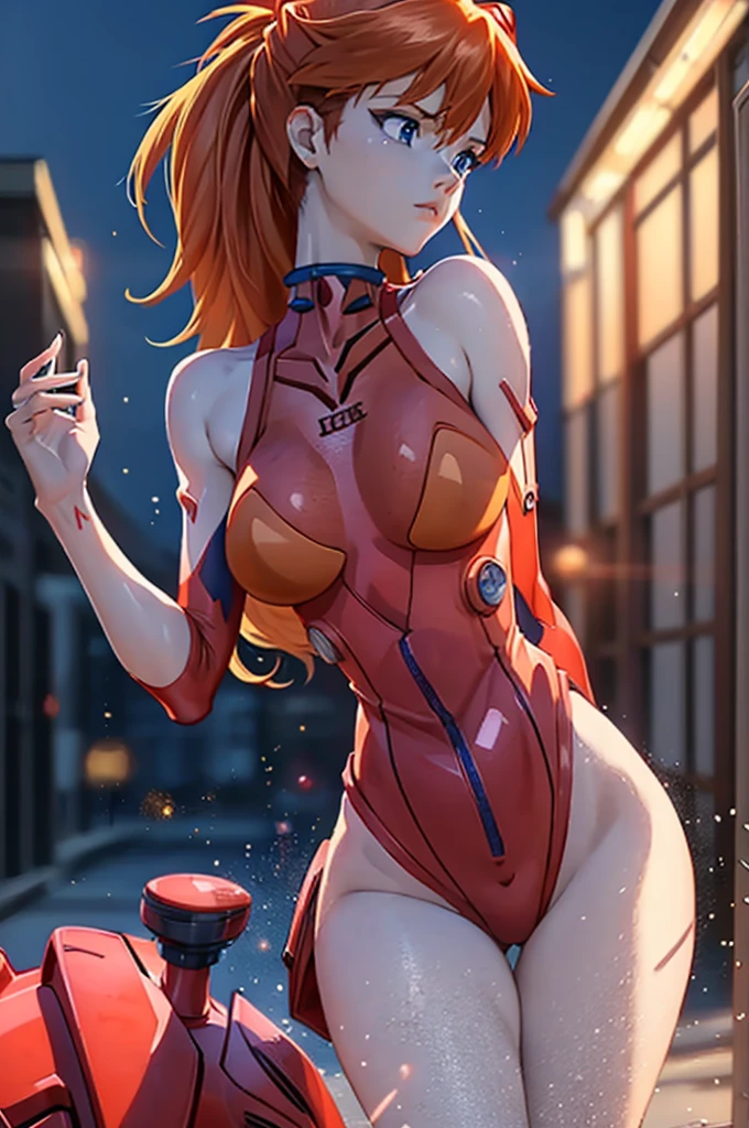 a beautiful girl with red hair wearing a red plugsuit, Asuka Langley Soryu, standing confidently as a model, detailed facial features, piercing blue eyes, flawless skin, elegant pose, white clean background, cinematic lighting, highly detailed, photorealistic, award winning digital art, vibrant colors, 8k, hyper realistic